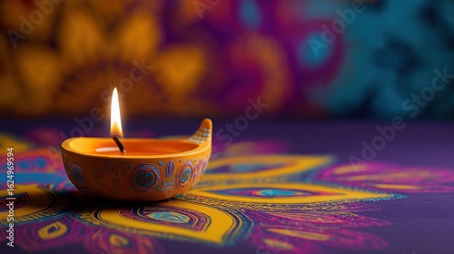 Traditional clay diya oil lamp burning on a colorful rangoli for Diwal