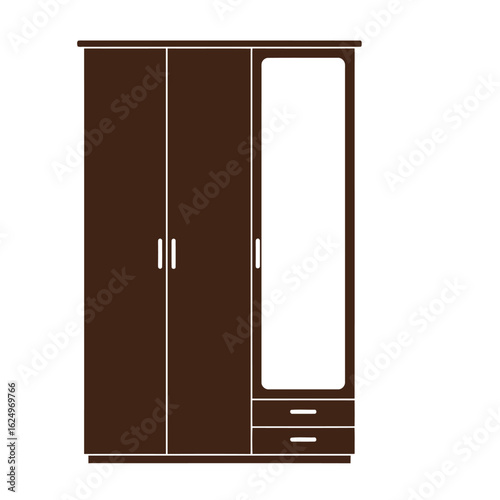 Vector art of a modern brown wardrobe with a fulllength mirror and two drawers, isolated on white background