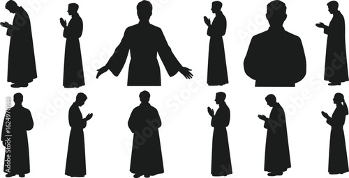 Set of ten black silhouettes of robed figures in dynamic poses, r illustration for fantasy or ritual themes