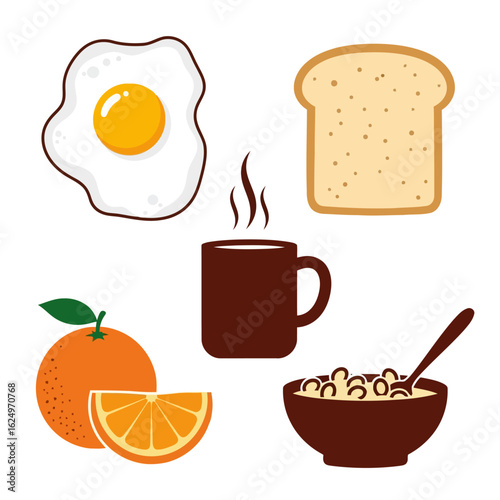 Vector art of a delightful breakfast spread featuring a fried egg, toast, coffee, orange slices, and a bowl of cereal with a spoon, isolated on white background