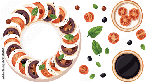 Overhead view of caprese salad wreath with tomatoes, mozzarella, olives and basil leaves arranged nicely