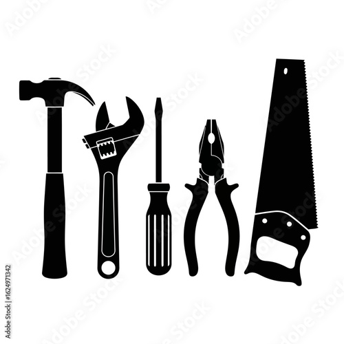 Vector art of black silhouette of various hand tools including hammer, wrench, screwdriver, pliers, and saw, isolated on white background