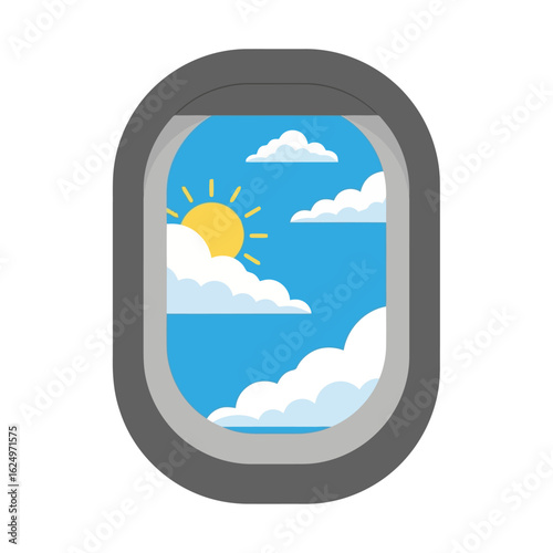 Vector art of view from an airplane window showing a bright sun and fluffy clouds in a clear blue sky during daytime flight