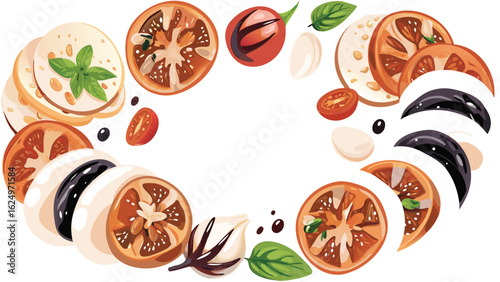 Frame of sliced tomatoes, mozzarella, basil, and olives arranged in a circular pattern on a white background