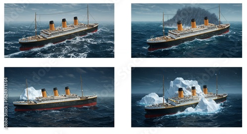 Titanic ship illustrations four stages collision iceberg