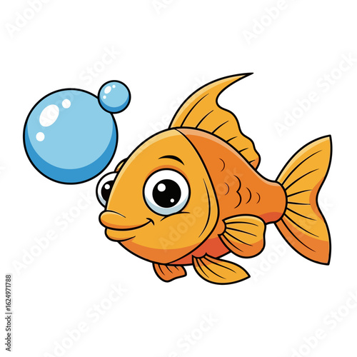 Vector art of cute cartoon goldfish swimming with bubbles, isolated on white background