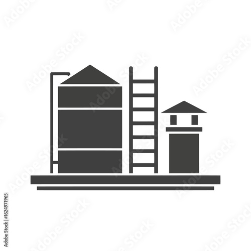 Vector art of industrial silo and storage facility with ladder and small building, isolated on white background