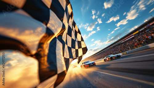 Checkered flag waves as NASCAR cars race to the finish under sunset light.

