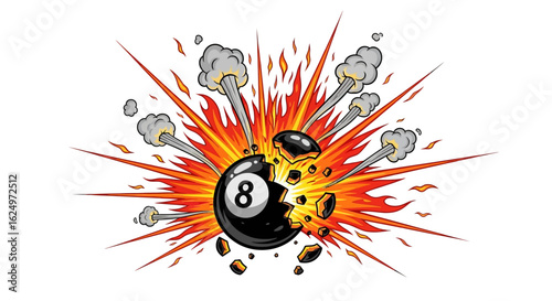 A cartoon billiard ball explodes in a vibrant comic book style.