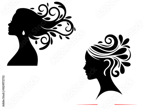 Elegant woman silhouette with floral hair design vector art graphic