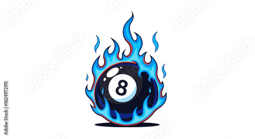 A stylized, cartoon depiction of a burning eight ball, likely for a logo or graphic design.
