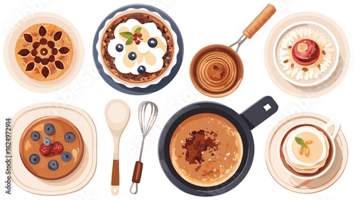 A collection of pancake dishes with various toppings and cooking utensils arranged on a white background
