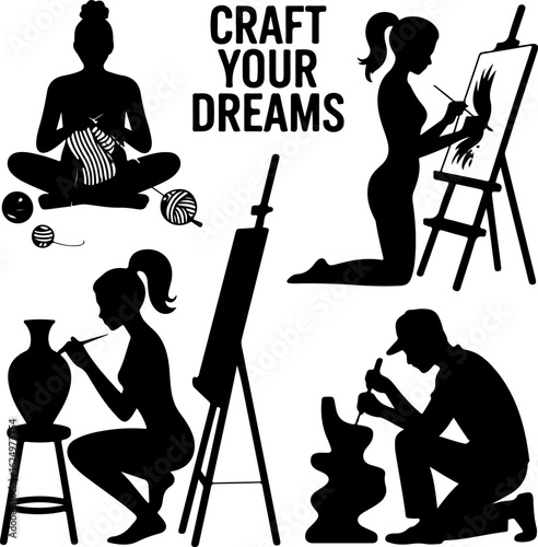 Diverse collection of creative artist silhouettes, including painting, pottery, sculpting, and knitting, with the motivating phrase "Craft Your Dreams." 