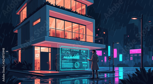 Futuristic Home Energy Management System At Night On Rainy City