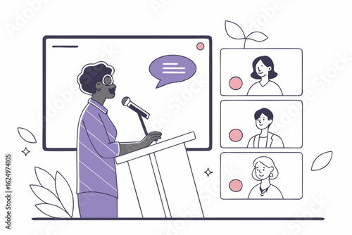 Online conference with speaker at podium and attendees in video call display on screen backdrop