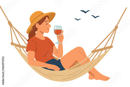 A woman relaxes on a tropical vacation, lounging in a hammock surrounded by palm trees and cocktails