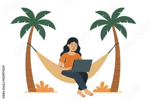 A woman relaxes in a hammock between palm trees on a sunny tropical beach by the ocean while enjoying remote work