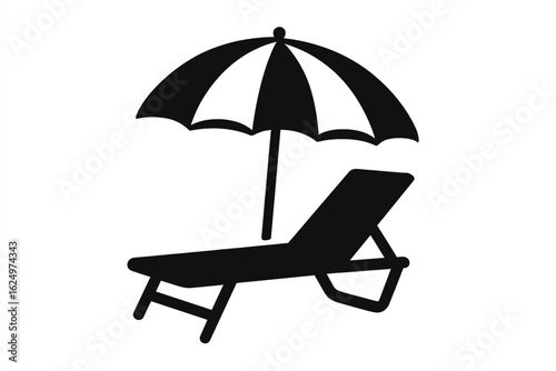 Beach setup including a chair with umbrella, longue chairs and an umbrella