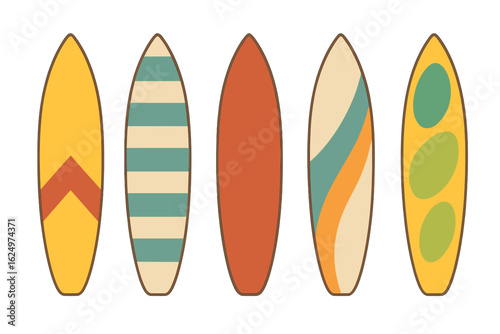 Colorful surfing board rocket with printed pattern elements clip art collection for holiday adventure vector illustration in a summer surfboard elements clipart set