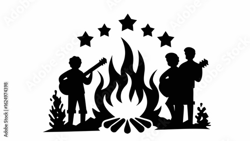 Silhouette of musicians playing guitars around a campfire with stars above creating a cozy and musical scene