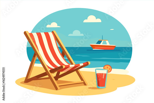 A serene seaside setting featuring lounge chairs, cool drinks, and a sailboat basking under clear blue skies