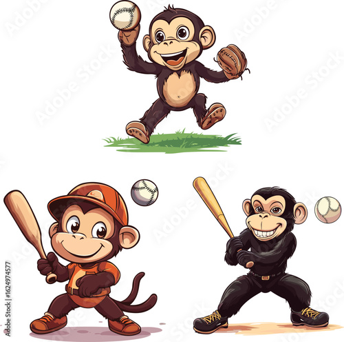 The monkey is playing the baseball in the field vector style on white background 