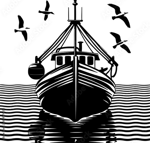  Vintage Black and White Fishing Trawler on the Sea with Gulls Flying, Retro Woodcut Style Nautical Art.