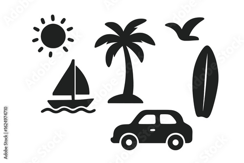 The Summer Icons Collection is a meticulously crafted assortment of black and white icons that represent a range of summer-related elements, encapsulating the spirit of the season's activities