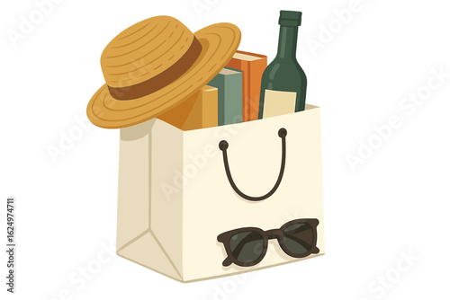A convenient bag suitable for beach trips or shopping, depicted as doodle flat clipart with all objects repainted