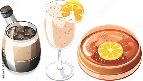 Illustration showing three different types of drinks with lemon slices and ice cubes present inside