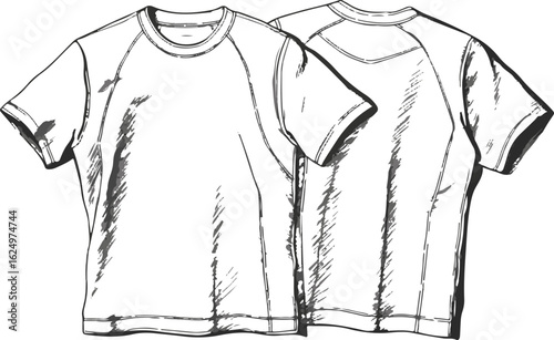 Technical Flat Sketch: Men's/Unisex Short-Sleeve Crew Neck Raglan T-Shirt Design with Back Yoke Panel - Front & Back View Line Art for Fashion Spec Sheet