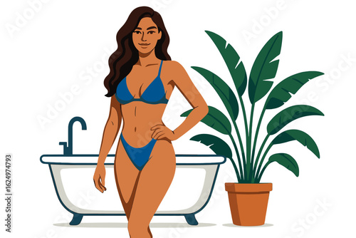 A fashionable cartoon woman wearing blue swimwear stands by the pool, adorned with a hat