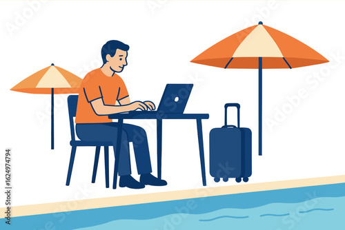 A serene and efficient work environment is depicted in a stylized illustration of someone using a laptop beside a resort pool outdoors