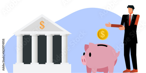 Banking business concept vector illustration with businessman, piggy bank, and bank building, symbolizing saving, finance, investment, money management, deposit, and financial growth in simple style.