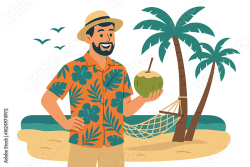 Summer island vacation featuring a tropical getaway with a hammock and a refreshing drink