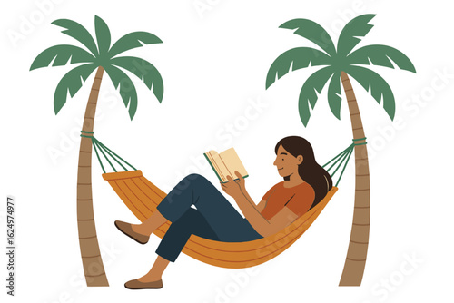 A woman is reading a book while lounging in a hammock surrounded by palm trees set against a white background
