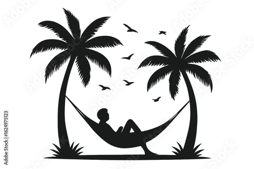 Peaceful silhouette of a person lounging in a serene hammock, embodying a perfect moment of relaxation and solitude ideal for designs related to chill lifestyle, wellness, and beach retreats
