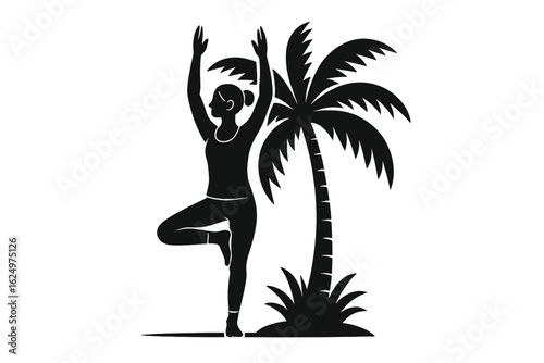 Vector illustration of a woman in a bikini posing in yoga next to a palm tree, depicted as a black silhouette on a white background