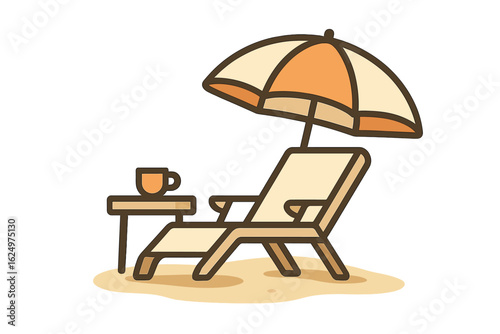 Depiction of a seaside setting featuring a chair, hat, table, and a jug of lemonade, evoking a holiday atmosphere