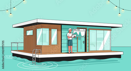Man Analyzing Data On A Floating Home Illustration Graphic Design