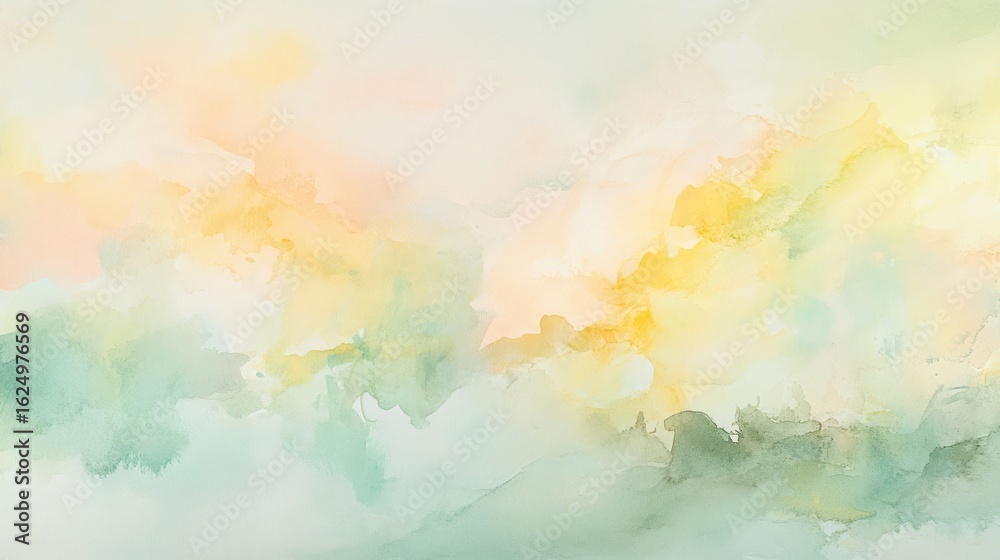 Fototapeta premium Abstract watercolor washes of pale yellow, peach, and mint green. Soft, blended colors create a serene, cloud-like effect