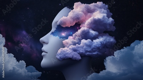 Surreal Portrait of a Woman with Cosmic Clouds and Stars in a Dreamy Night Sky
