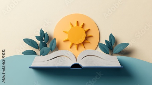 Open Book with Sun and Green Leaves against Soft Background in Modern Paper Art Style