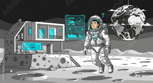 Lunar Living Astronaut Exploring A Modern Home On The Moon