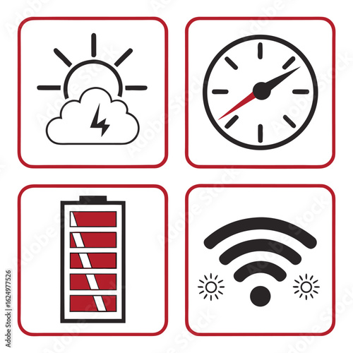 Illustration showing weather clock battery and wifi icons in red bordered white squares in a grid layout