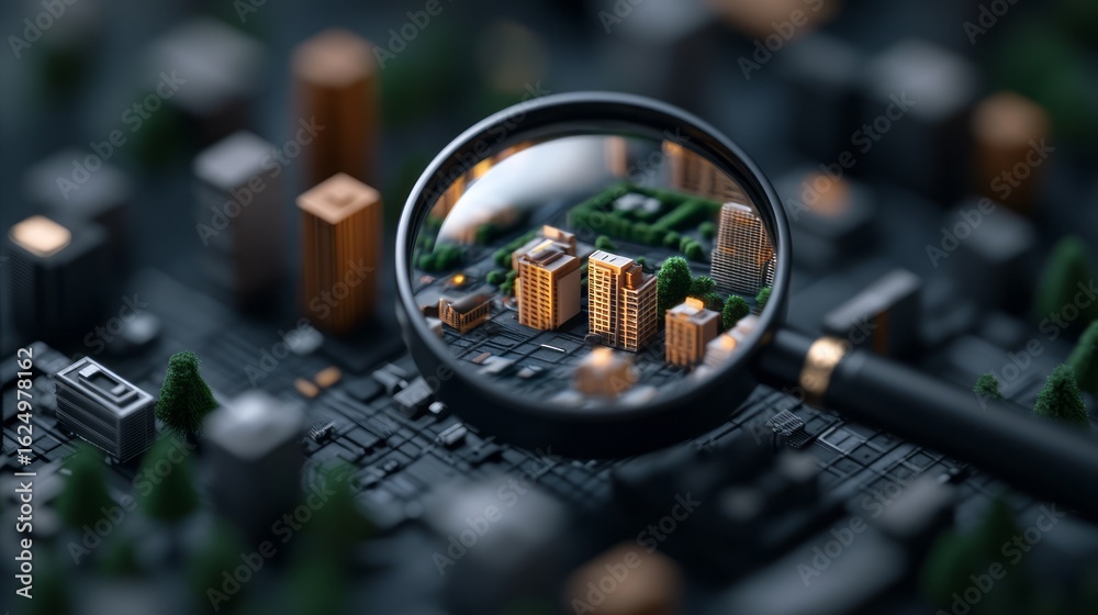 Naklejka premium Magnifying Glass Over Miniature Cityscape Model with Urban Landscape Focus