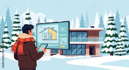 Modern House Design In Winter Scene With Digital Technology