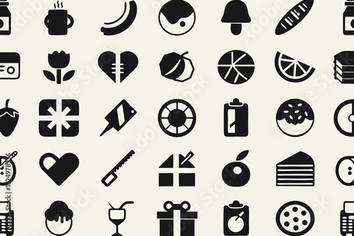 Assorted black and white food drink and object icons set of