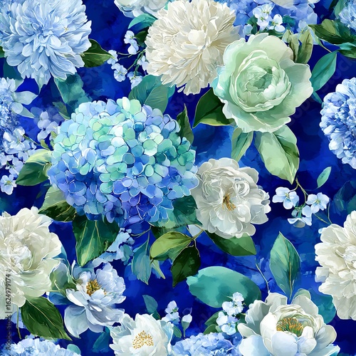 Wallpaper Mural Blue Harmony Hydrangea Peony Rose Elegance Watercolor Floral Design Romantic Art Dark Blue Torontodigital.ca