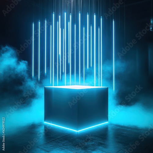 Dark space, illuminated by vibrant, vertical neon blue lines. A dark, cube-shaped platform glows with neon blue light